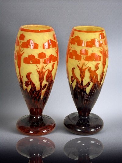 PAIR OF BALUSTER VASES SIGNED FRENCH GLASS DECORATED WITH FLORAL MOTIFS
