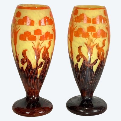 PAIR OF BALUSTER VASES SIGNED FRENCH GLASS DECORATED WITH FLORAL MOTIFS