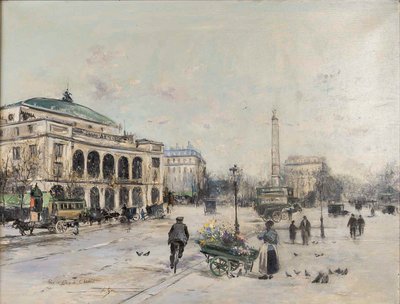 Jean Bernard Trotzier: The Flower Seller at Place du Châtelet, Oil on Canvas, 20th Century