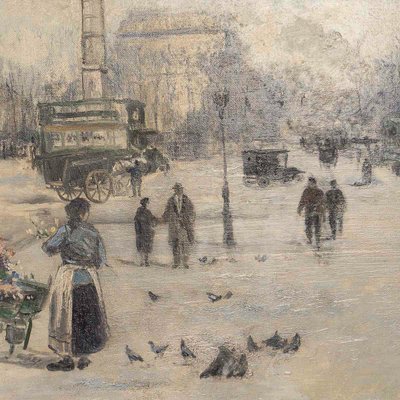 Jean Bernard Trotzier: The Flower Seller at Place du Châtelet, Oil on Canvas, 20th Century