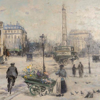 Jean Bernard Trotzier: The Flower Seller at Place du Châtelet, Oil on Canvas, 20th Century