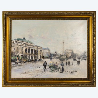 Jean Bernard Trotzier: The Flower Seller at Place du Châtelet, Oil on Canvas, 20th Century
