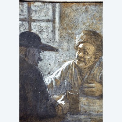 Alphonse Lévy dit Alan Levy pastel original scène de taverne entre un musulman et un juif