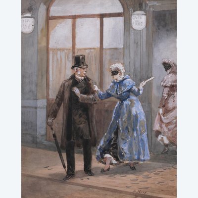 Orlando NORIE 1832-1901 Couple at the Café du Parc Ball, drawing