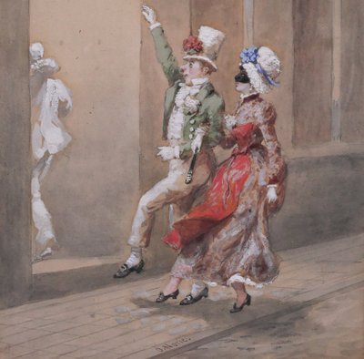 Orlando NORIE 1832-1901 Paar auf dem Ball an der Tränke, Zeichnung