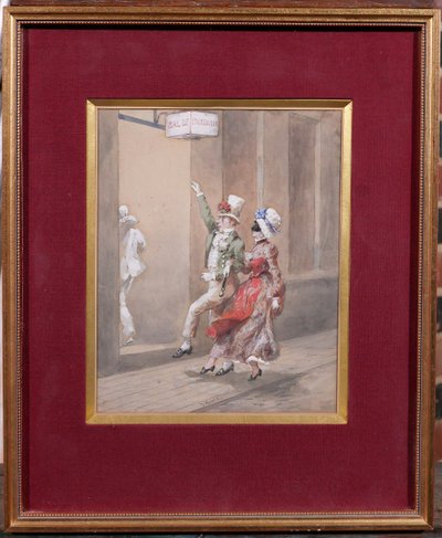 Orlando NORIE 1832-1901 Paar auf dem Ball an der Tränke, Zeichnung