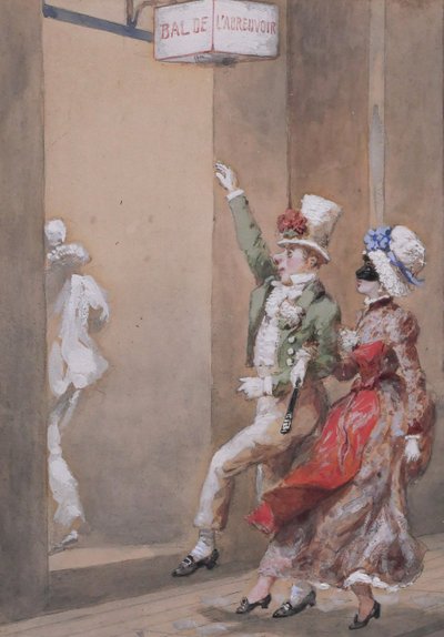 Orlando NORIE 1832-1901 Paar auf dem Ball an der Tränke, Zeichnung