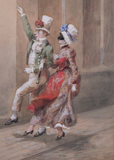 Orlando NORIE 1832-1901 Paar auf dem Ball an der Tränke, Zeichnung