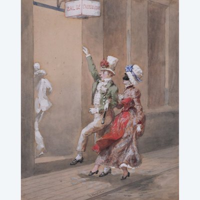 Orlando NORIE 1832-1901 Paar auf dem Ball an der Tränke, Zeichnung