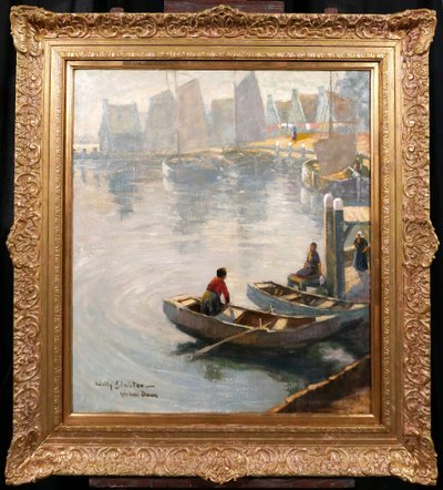 Willy Sluiter 1873-1949 Volendam, landscape with boats, large painting, Netherlands, c. 1920