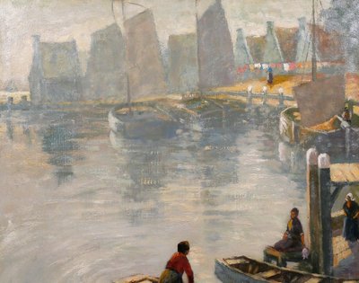 Willy Sluiter 1873-1949 Volendam, landscape with boats, large painting, Netherlands, c. 1920
