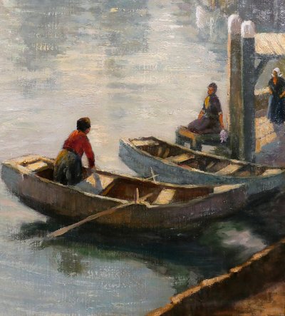 Willy Sluiter 1873-1949 Volendam, landscape with boats, large painting, Netherlands, c. 1920