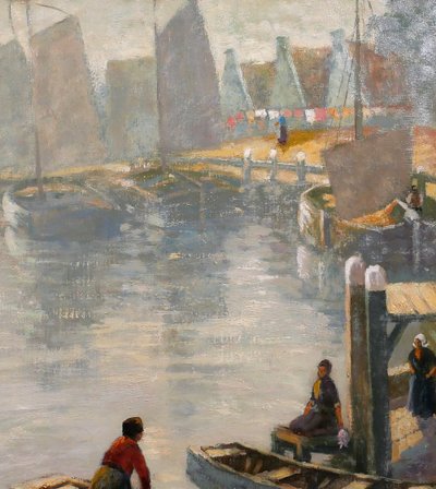 Willy Sluiter 1873-1949 Volendam, landscape with boats, large painting, Netherlands, c. 1920