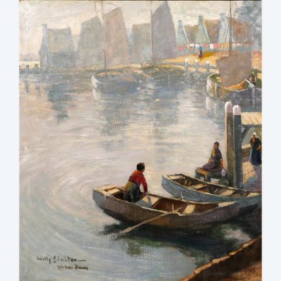 Willy Sluiter 1873-1949 Volendam, landscape with boats, large painting, Netherlands, c. 1920