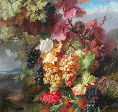 Augustin Maniquet Barjon 1812-1879 Blumen, Weintrauben und Himbeeren, Stillleben, Gemälde, Lyon