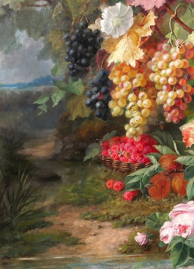 Augustin Maniquet Barjon 1812-1879 Blumen, Weintrauben und Himbeeren, Stillleben, Gemälde, Lyon