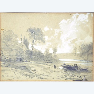 Charles-Théodore Sauvageot graphite river landscape