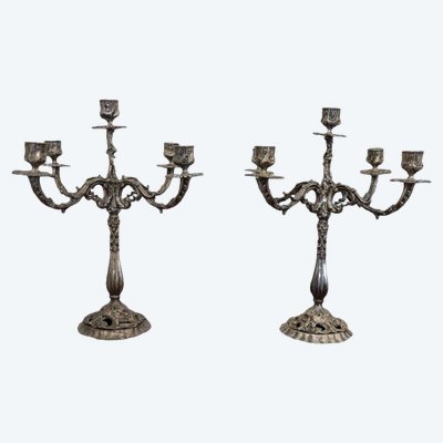 Candleholders In Silvered Metal, 1980s, Set Of 2