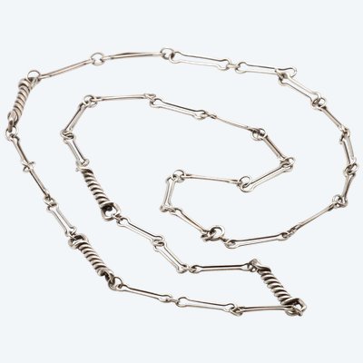 Collana lunga modernista in argento 800 millesimi, collana moderna, twist, trombone