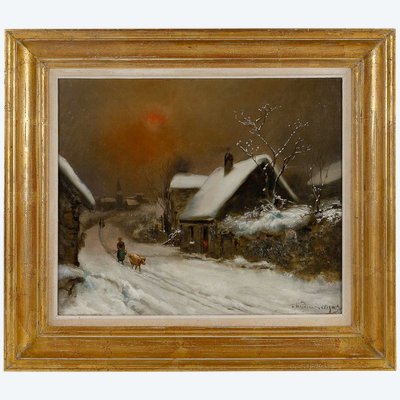 Théodore Levigne (1848-1912) Dorf im Schnee Öl auf Leinwand Ende des 19. Jahrhunderts