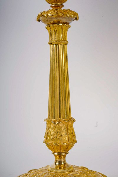 Paire de Flambeaux d’Époque Restauration en Bronze Ciselé et Doré Montés en Lampes vers 1820