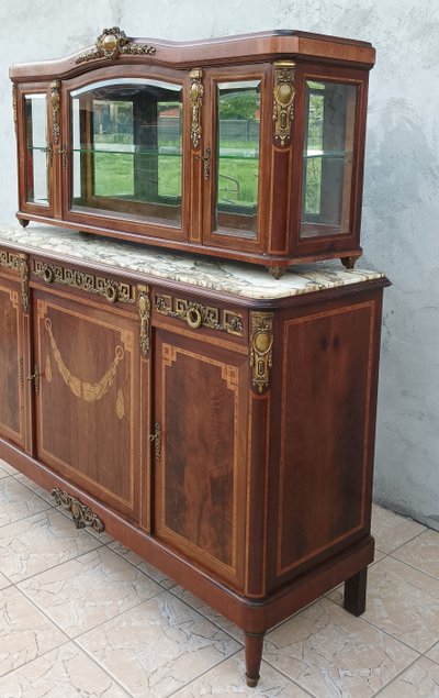 Louis XVI 2-section sideboard in mahogany veneer and precious wood marquetry