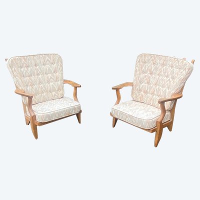 Guillerme Et Chambron , Paire De Fauteuils S En Chêne , Edition Votre Maison, Circa 1970