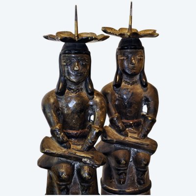 Pair of Mexican pre-Columbian bronze candlesticks 20th century