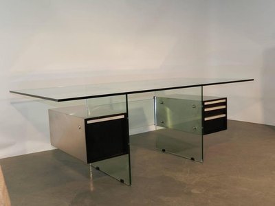 Xavier Marbeau , Vintage Desk Model "esteral" In Steel, Glass And Lacquered Wood Circa 1970