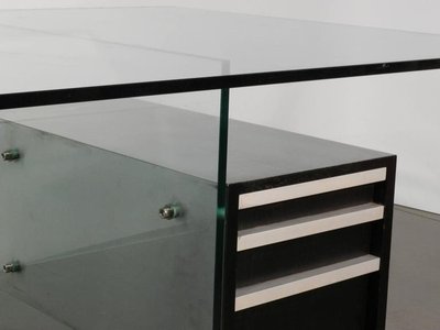 Xavier Marbeau , Vintage Desk Model "esteral" In Steel, Glass And Lacquered Wood Circa 1970