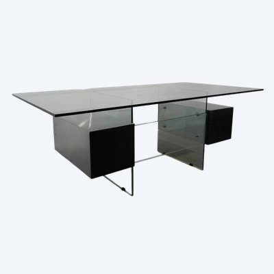 Xavier Marbeau , Vintage Desk Model "esteral" In Steel, Glass And Lacquered Wood Circa 1970