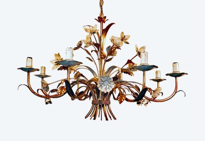 Large Chandelier in Gold Metal and White Lacquered Metal Circa 1950/1970