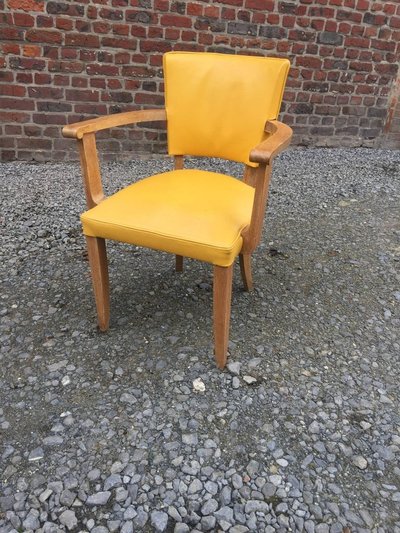 Suite De 10 Fauteuils Art Déco, Chêne Et Cuir Circa 1930/1950