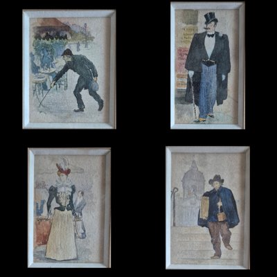 11 piccoli acquerelli con scene di vita parigina della fine del XIX secolo