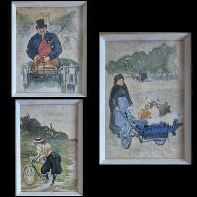 11 piccoli acquerelli con scene di vita parigina della fine del XIX secolo