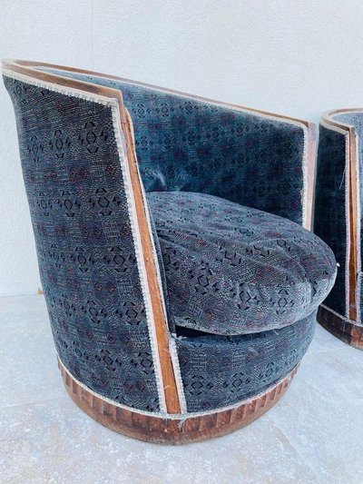 Paire De Fauteuils Art Deco , Forme Corbeille, Plinthe Ronde, Circa 1930