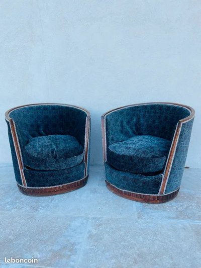 Paire De Fauteuils Art Deco , Forme Corbeille, Plinthe Ronde, Circa 1930