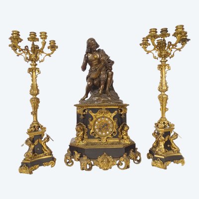Orologio da tavolo in bronzo italiano a forma di pescatore Candelabro Napoleone III XIX secolo