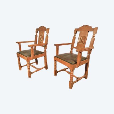 Paar Neo Klassische Sessel Aus Eiche Und Leder Circa 1950