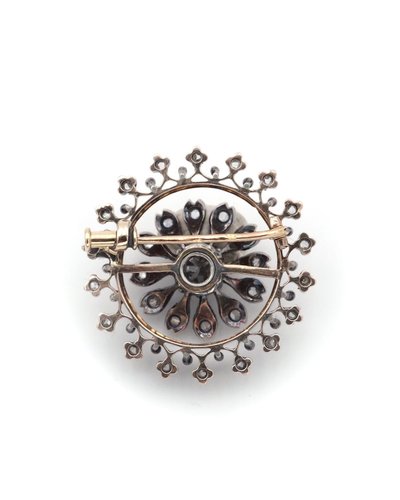 Spilla con diamante a rosetta in oro e argento 18 ct, diamanti taglio rosa, fiore, circolare
