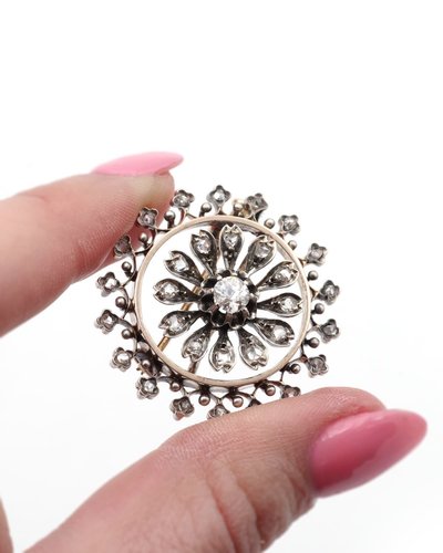 Spilla con diamante a rosetta in oro e argento 18 ct, diamanti taglio rosa, fiore, circolare
