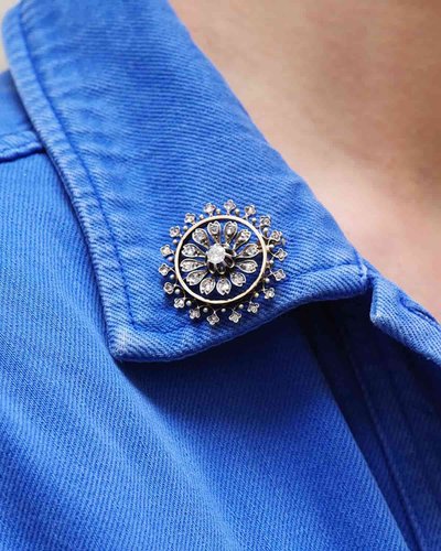 Spilla con diamante a rosetta in oro e argento 18 ct, diamanti taglio rosa, fiore, circolare