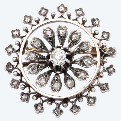 Spilla con diamante a rosetta in oro e argento 18 ct, diamanti taglio rosa, fiore, circolare