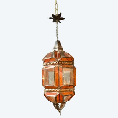 Oriental Lantern In Metal, Orange And White Glass Circa 1970/1980
