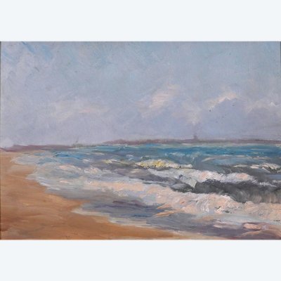 Ernest Chérot 1814-1883 Paysage de mer (Bretagne ?) Tableau impressionnisme plage