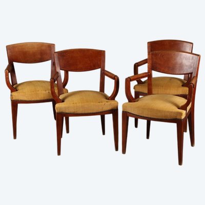 Eugène Printz , Suite De 4 Fauteuils Bridges  Art Deco En Merisier Circa 1940