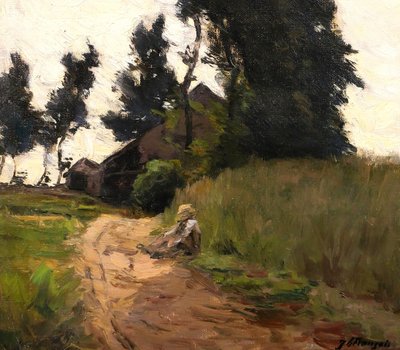 Joseph-Charles François 1851-1940 Paesaggio con alberi e dormiente, dipinto, Belgio Impressionismo