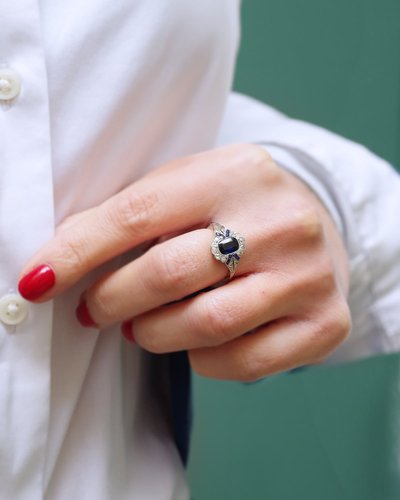 Anello Art Déco con zaffiro in platino e oro 18 carati, anello di fidanzamento, matrimonio, gioielli Art Déco