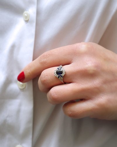 Anello Art Déco con zaffiro in platino e oro 18 carati, anello di fidanzamento, matrimonio, gioielli Art Déco
