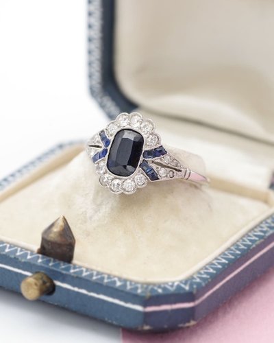 Anello Art Déco con zaffiro in platino e oro 18 carati, anello di fidanzamento, matrimonio, gioielli Art Déco